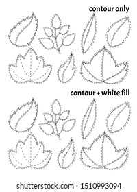 Two hand drawn nature sets of leaves with seam in doodle style in different versions: black contour only and black contour with white fill. Decorative isolated vector illustration