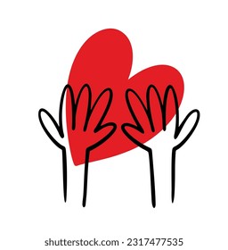 Two hand drawn palms holding doodle red heart with love. Vector illustration of romantic print. Cartoon image isolated on white background.