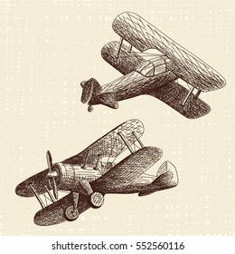 Two hand drawn retro airplanes made in sketch style