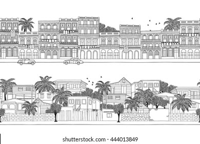 Two hand drawn seamless banners with Caribbean homes - Cuban houses and a little village in Trinidad & Tobago