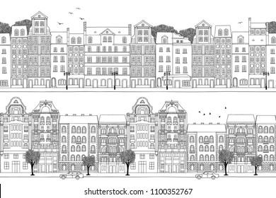 Two hand drawn seamless city banners - Polish and Hungarian houses