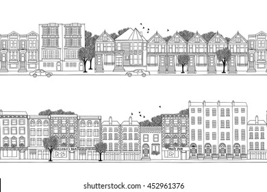 Two hand drawn seamless city banners with Victorian style houses