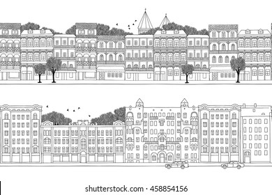 Two hand drawn seamless city banners - Russian and Georgian style houses