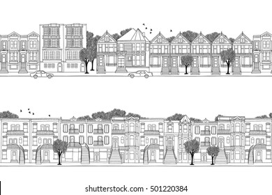 Two hand drawn seamless city banners - San Francisco and Montreal style houses, Victorian architecture in North America