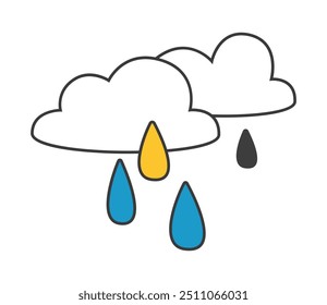 Two hand drawn simple cartoon clouds with colorful raindrops flat vector illustration. The raindrops are in blue yellow and black colors