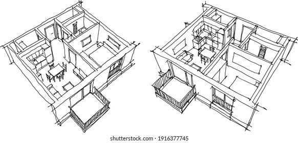 dos bocetos dibujados a mano de Perspective corte diagrama de un apartamento de un dormitorio completamente amueblado 
