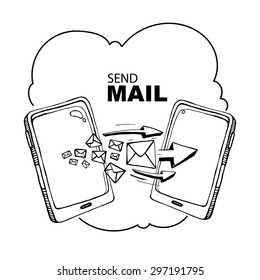 Two hand drawn Smart phones and envelope - sms and mail concept picture. Series of the flying letters with arrows between phones. White Background with place for your text