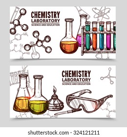 Two hand drawn style banners with titles of chemistry laboratory equipments and elements isolated vector illustration