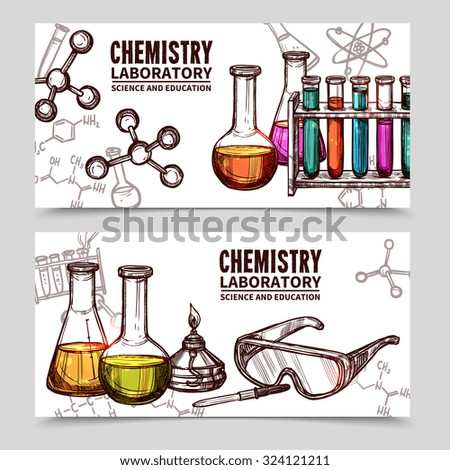Two hand drawn style banners with titles of chemistry laboratory equipments and elements isolated vector illustration