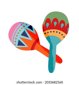 Two hand drawn traditional Mexican maracas with ornamental design elements vector flat illustration. Ethnic festival musical instrument for acoustic sound playing isolated. Wooden bright Latino rhythm