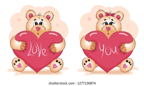 Two hand drawn Valentine cute teddy bears with heart in paws