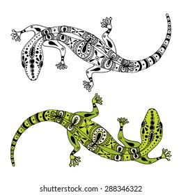 Two hand drawn vector gecko lizards for logo and tattoo