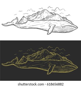 Two hand drawn vintage whale with mountains. Creative original vector illustration in hipster retro style. Style design background for textile, cover, poster.