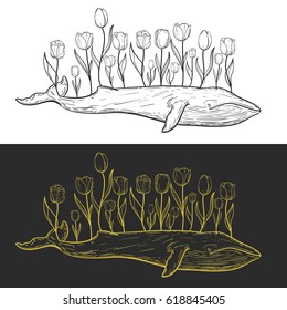 Two hand drawn vintage whale with flowers. Creative original vector illustration in hipster retro style. Style design background for textile, cover, poster.