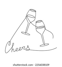 Dos vasos de vino dibujados a mano con un texto de Cheers. Grabación manuscrita de vectores. Una frase continua, cita, eslogan. Diseño para impresión, banner, arte en la pared, afiche, tarjeta.