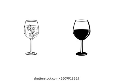 Two Hand Drawn Wine Glasses With Wine And Cocktail Outline Illustration