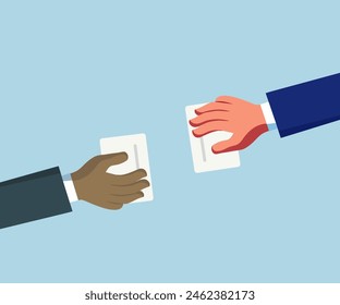 Two hand exchange business cards with diversity theme