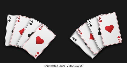 A two hand fan of playing cards consisting of four white Ace of Spades, Diamonds, Clubs, Hearts. Vector illustration on a black table. Poker and casino concept.
