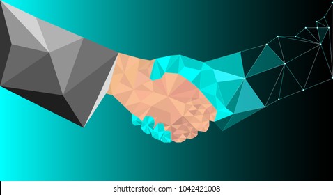 Two Hand Handshake With Dark Background,contract Successful For  Business Future, Polygon Flame Work With Blue Color, Low Poly Effect, Vector Art And Illustration, Business Agreement Concept. 