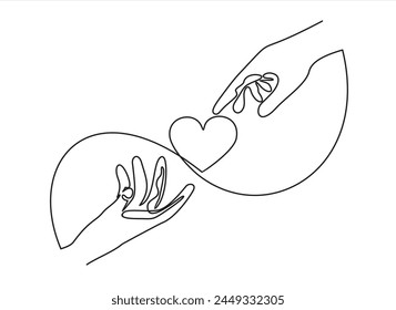 Two hand with two heart line art style vector illustration. One continuous single line drawing of hand give love isolated on white background minimalism design.	