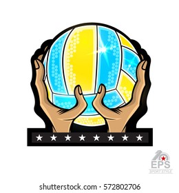 Two hand hold beach volleyball ball isolated on white. Vector sport logo for any team and championship