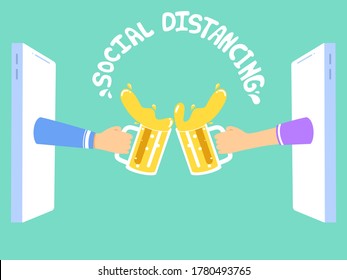 Two hand hold beer glasses pop up from phone, Online party, social distancing concepts, vector illustration 