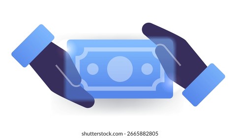 Dos manos sostienen un billete. Icono de dinero de morfismo de vidrio 