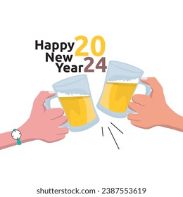 Two hand holding beer with happy new year 2024 text. suitable for new year greeting card. 