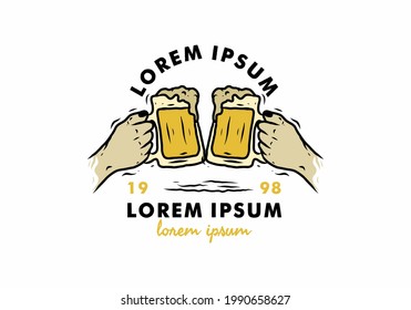 Two hand holding beer illustration drawing design