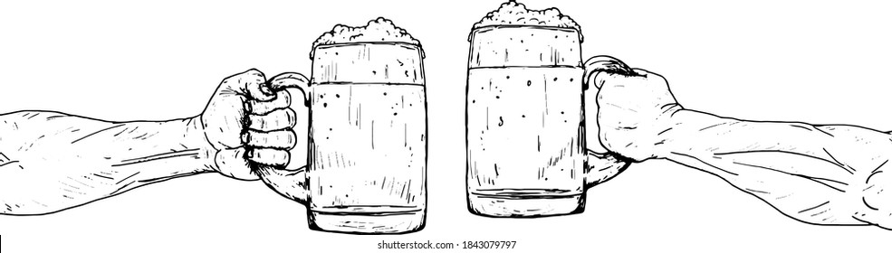 Two hand holding beer mugs. Hand drawn vector illustration.