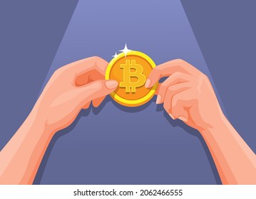 Two Hand holding bitcoin. cryptocurrency transaction symbol cartoon illustration vector
