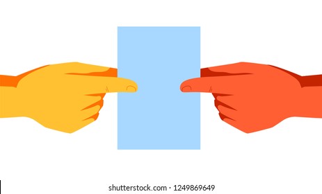 Two hand holding a card with your fingers on a white background. Vector illustration.