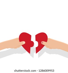 two hand holding connecting two a piece jigsaw of paper love heart puzzle Reconciliation concept. 