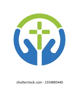 Two hand holding a cross logo design template vector illustration