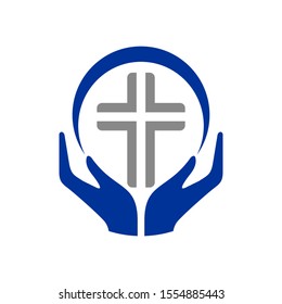 Two hand holding a cross logo design template vector illustration