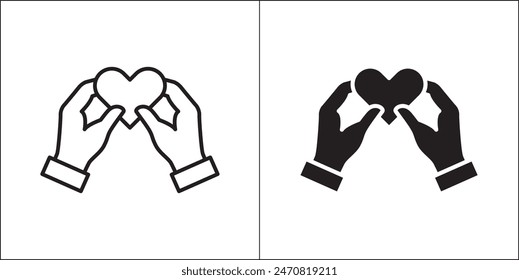 Two hand holding a heart symbol. Hands presenting love icon. Icon for charity, donation, compassion, solidarity and humanitarian. Vector Stock logo illustration in flat and line design style.