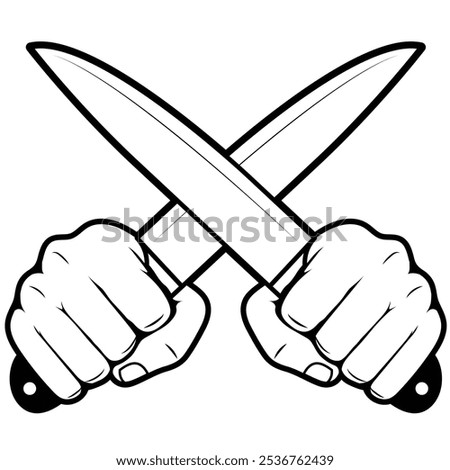 Two hand holding knives vector illustration. Crossed cook knives	
