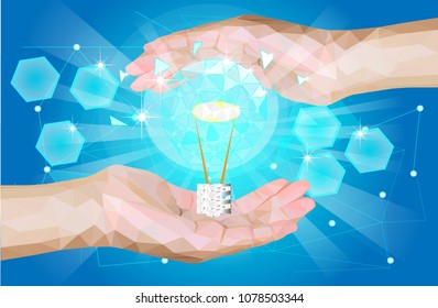 two hand holding lamp idea innovation concept polygon design with blue element line background, low poly effect, vector art and illustration, success business concept and partnership.