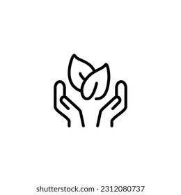 Two hand holding leaf plant energy. Vector line icon black and white with green eco energy theme