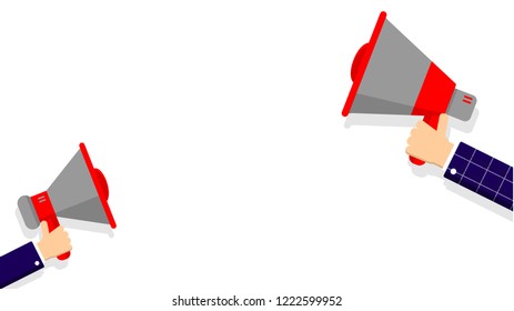 Two hand holding loudspeaker on white background for announcement, declare, advertising, election, promotion. Megaphone design vector.