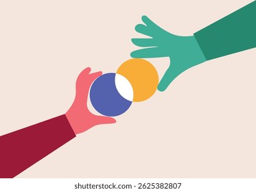 Two hand holding merge of two circle, company equity merge concept illustration