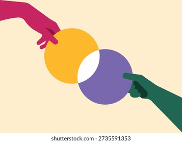 Two hand holding merge of two circle, company equity merge concept illustration