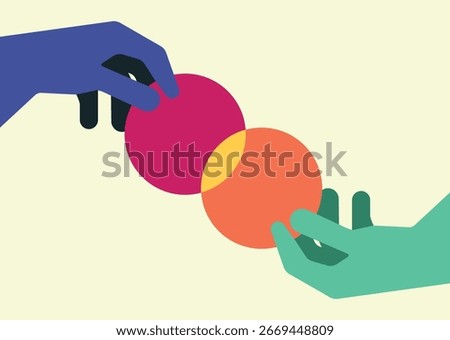 Two hand holding merge of two circle, company equity merge concept illustration	