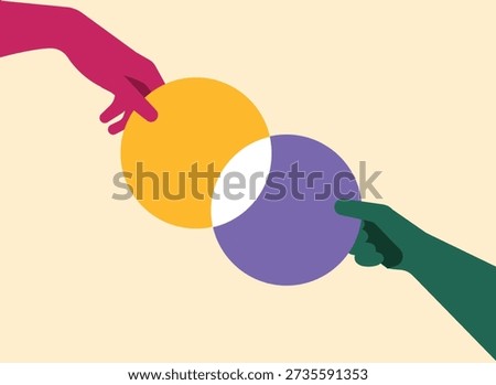 Two hand holding merge of two circle, company equity merge concept illustration