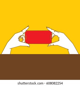 two hand holding mobile phone, write your image or text on blank space concept design