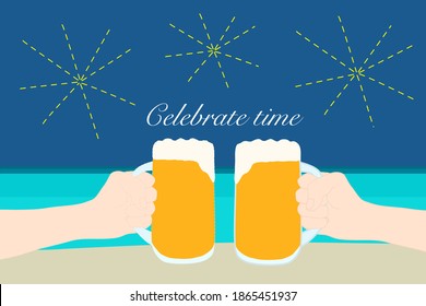 Two hand are holding the mug of beer in the night with the firework at the beach. Celebrating time and joyful  moment with the drink in the summer time. Toasting in the party.