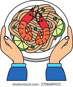 two hand holding a padthai