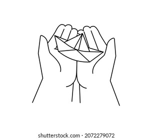 Two hand holding a paper ship. Simple linear illustration for creativity and hobby. Crafting or business banner and website concept.