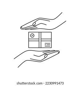 dos parcela de mano como icono de entrega protegida. concepto de pictograma de comercio electrónico o pedido de recogida o envío rápido a la dirección. diseño de trazos gráficos lineales simples elemento abstracto para web y negocios