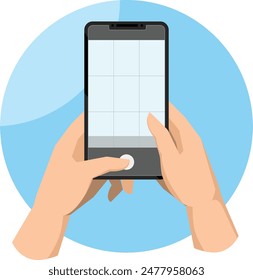 Two hand holding phone, taking mobile photo. Making photograph with grid on smartphone screen. Using camera for shooting, recording video. Flat graphic vector illustration isolated on white background